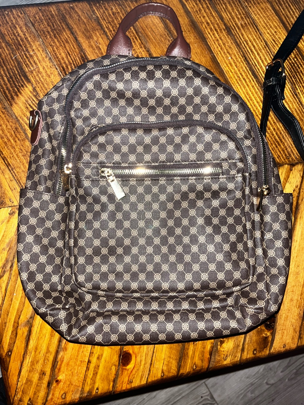 Brown Patterned Women's Backpack with Front Zip Pocket
